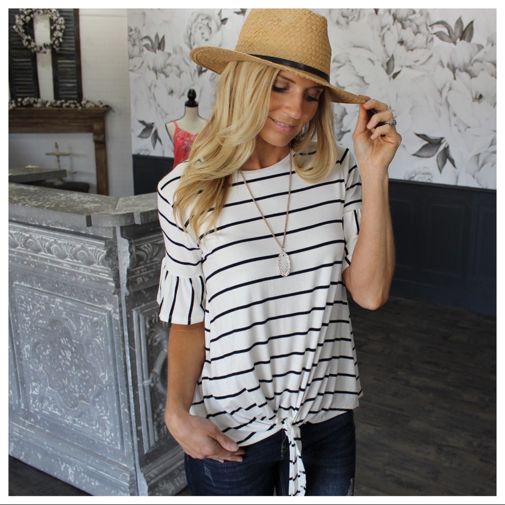 Ivory/Black Striped Tie Front Ruffle Sleeve Top - Picture 2 of 4
